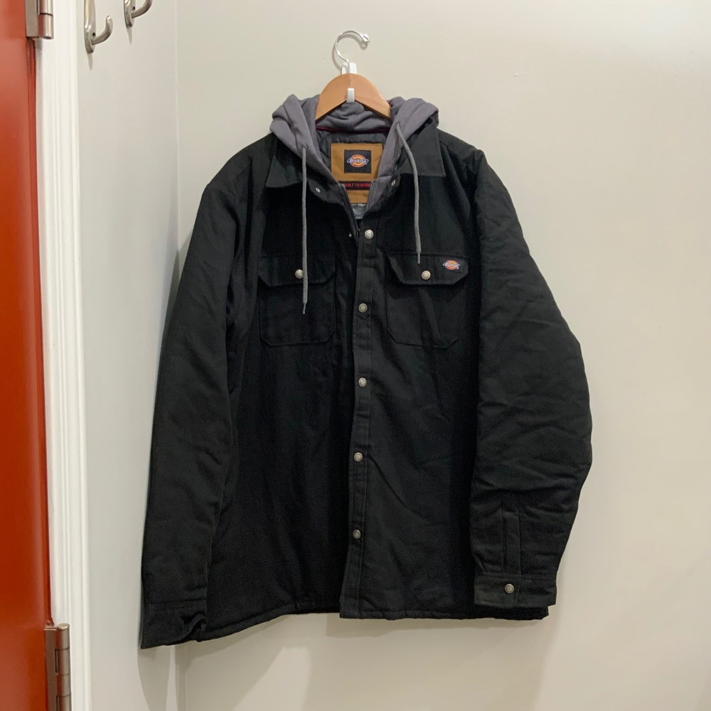 New Dickies Mens 3XL Black Hooded Jacket DWR Water Repellent TJ213BK Quilted